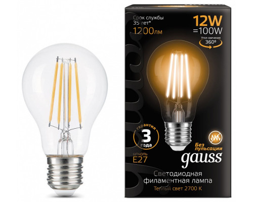 Лампа светодиодная Gauss Filament E27 12Вт 2700K 102902112